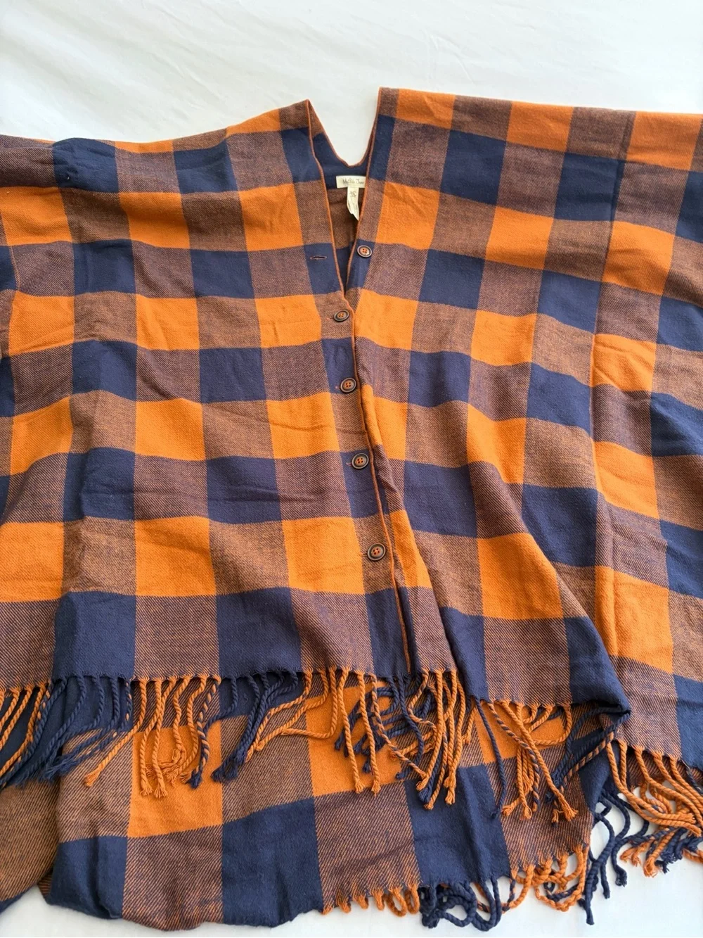 Matilda Jane Warm Sunset Poncho One Size Navy Orange Buffalo Plaid Fringe